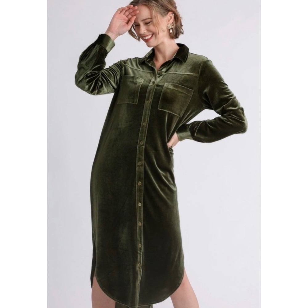 Umgee Olive Velvet Shirt Dress Tunic Button Front Pockets S